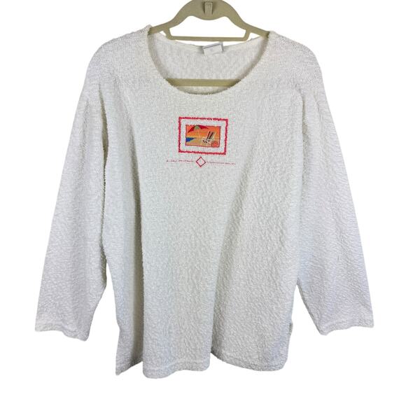 Artisans Sunschein Designs 90s Vtg Cotton White Terry Cloth Beach Theme Top XL - Picture 1 of 6